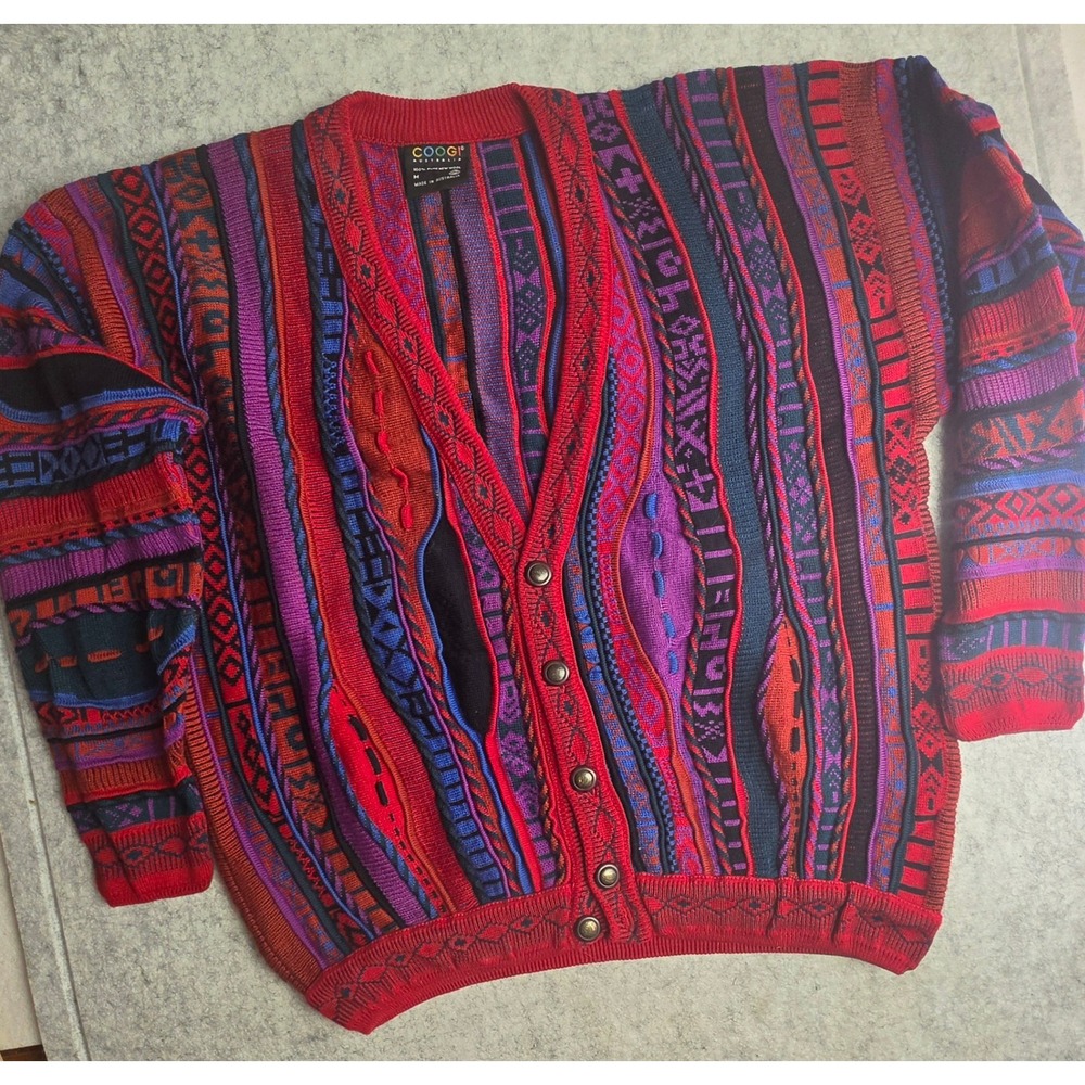 Coogi Australia Vintage 3D Knit Wool Cardigan Sweater Red Blue Purple Mens M